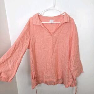 Sigrid Olsen Orange 100% Linen 3/4 Sleeve Coastal Beachy Boxy Shirt Size Large